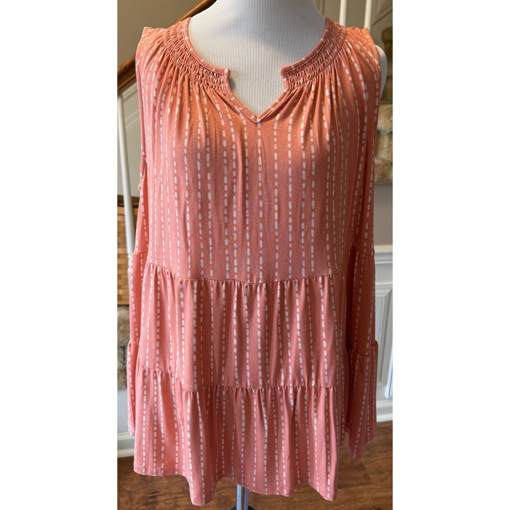 Wonderly Coral Pink White Dash Print Tiered Babydoll Sleeveless Top PXXL